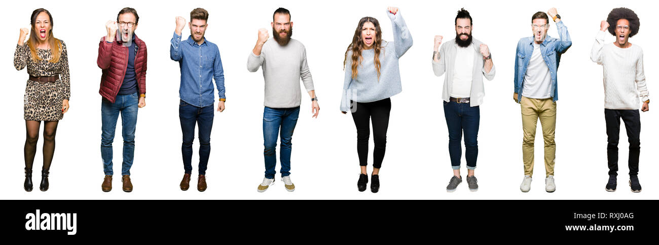 Collage of people over white isolated background angry and mad raising ...