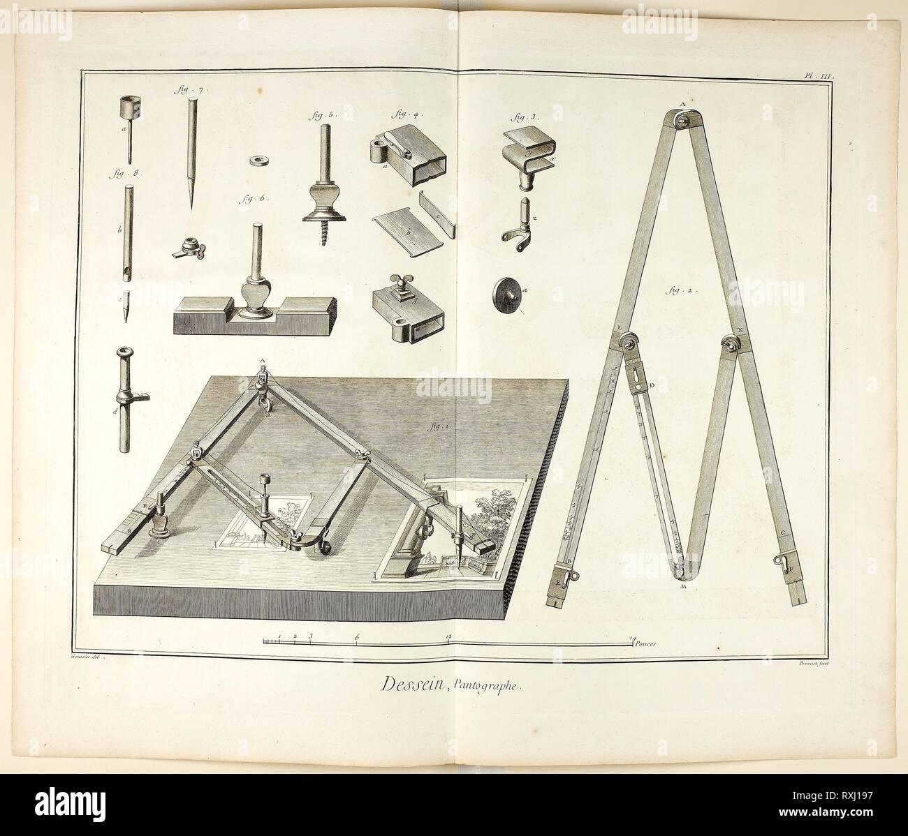 Design: Pantograph, from Encyclopédie. Benoît-Louis Prévost (French, c. 1735-1809); after Louis-Jaques Goussier (French, 1722-1799); published by André le Breton (French, 1708-1779), Michel-Antoine David (French, c. 1707-1769), Laurent Durand (French, 1712-1763), and Antoine-Claude Briasson (French, 1700-1775). Date: 1762-1777. Dimensions: 314 × 410 mm (image); 345 × 440 mm (plate); 411 × 480 mm (sheet). Engraving on cream laid paper. Origin: France. Museum: The Chicago Art Institute. Stock Photo