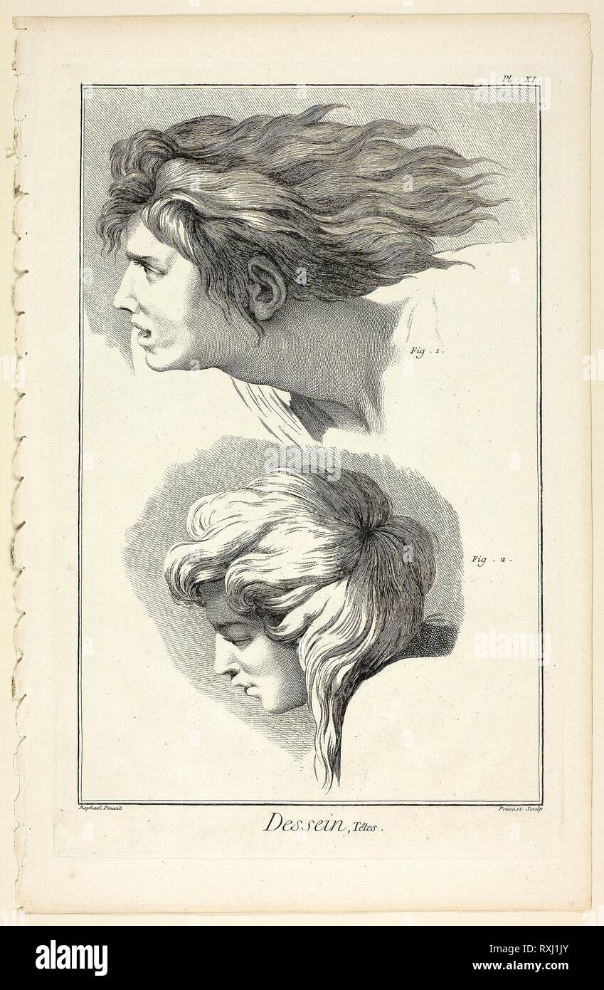 Design: Heads, from Encyclopédie. Benoît-Louis Prévost (French, c. 1735-1809); after Raffaello Sanzio, called Raphael (Italian, 1483-1520); published by André le Breton (French, 1708-1779), Michel-Antoine David (French, c. 1707-1769), Laurent Durand (French, 1712-1763), and Antoine-Claude Briasson (French, 1700-1775). Date: 1762-1777. Dimensions: 321 × 207 mm (image); 355 × 227 mm (plate); 400 × 260 mm (sheet). Etching, with engraving, on cream laid paper. Origin: France. Museum: The Chicago Art Institute. Stock Photo