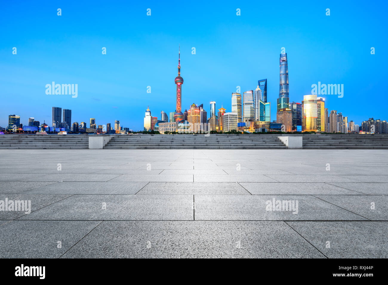 Empty square floor with panoramic city skyline in shanghai,china Stock Photo