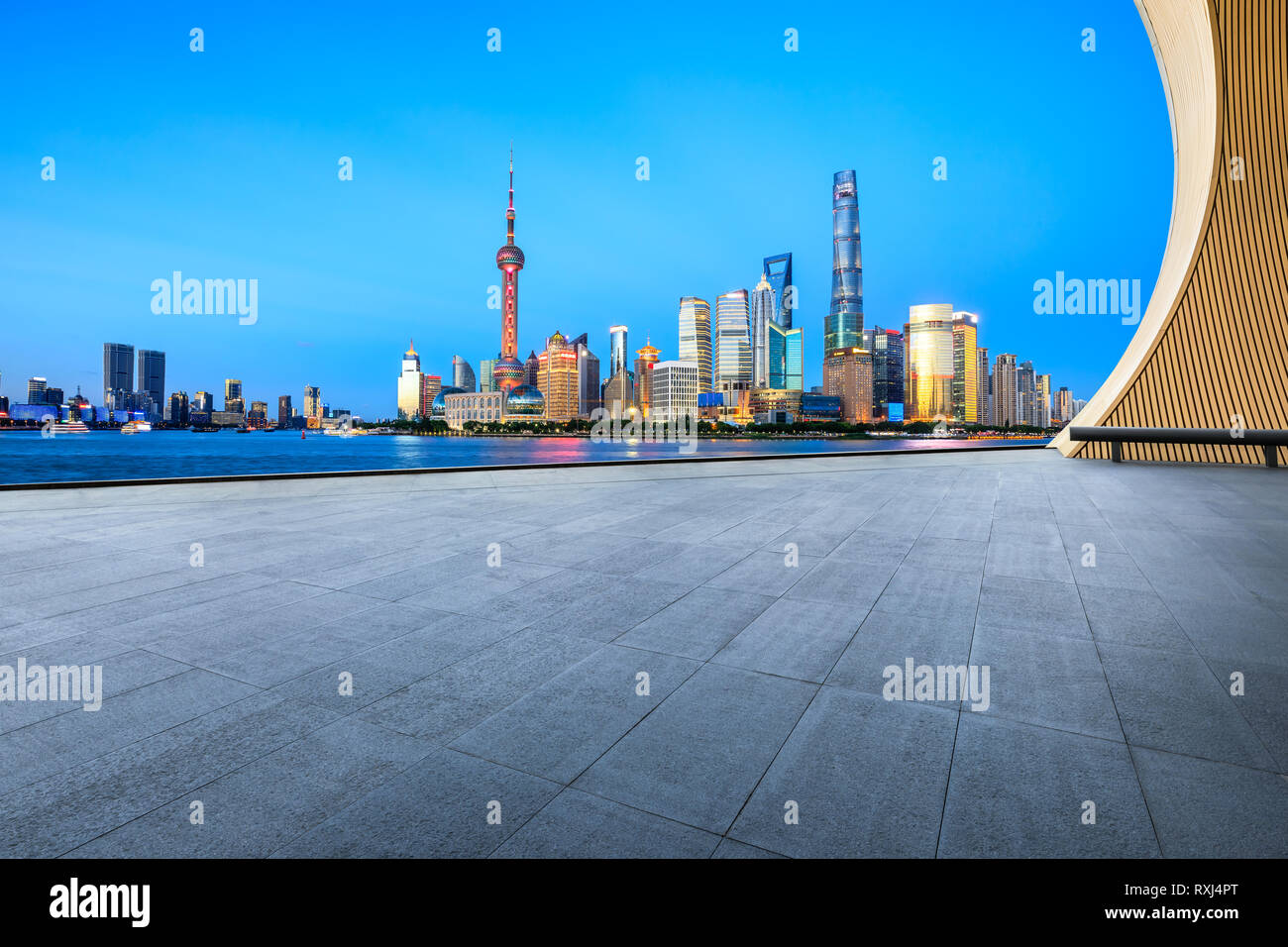 Empty square floor with panoramic city skyline in shanghai at night,China Stock Photo