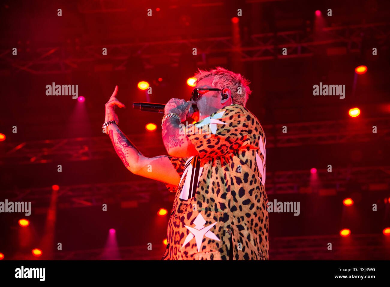 The Italian rapper Salmo seen performing live at Pala Alpitour in Turin ...