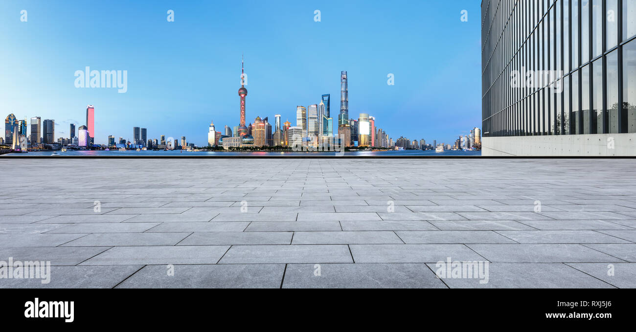 Empty square floor with panoramic city skyline in shanghai,china Stock Photo