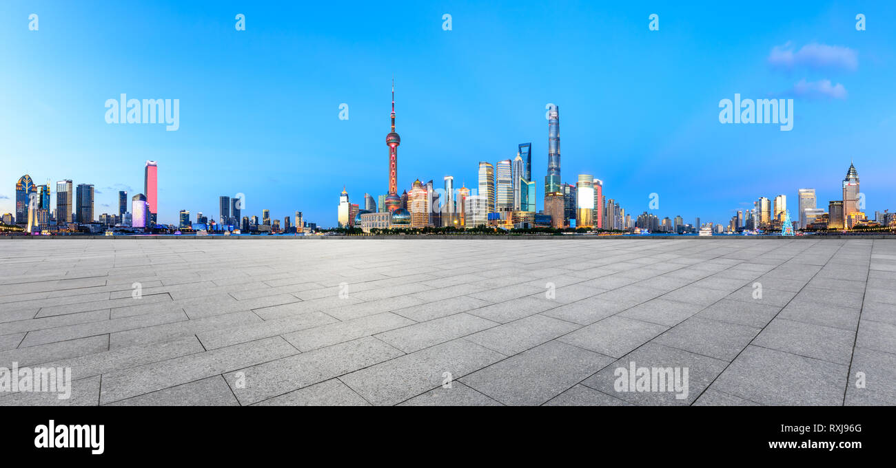 Empty square floor with panoramic city skyline in shanghai,china Stock Photo