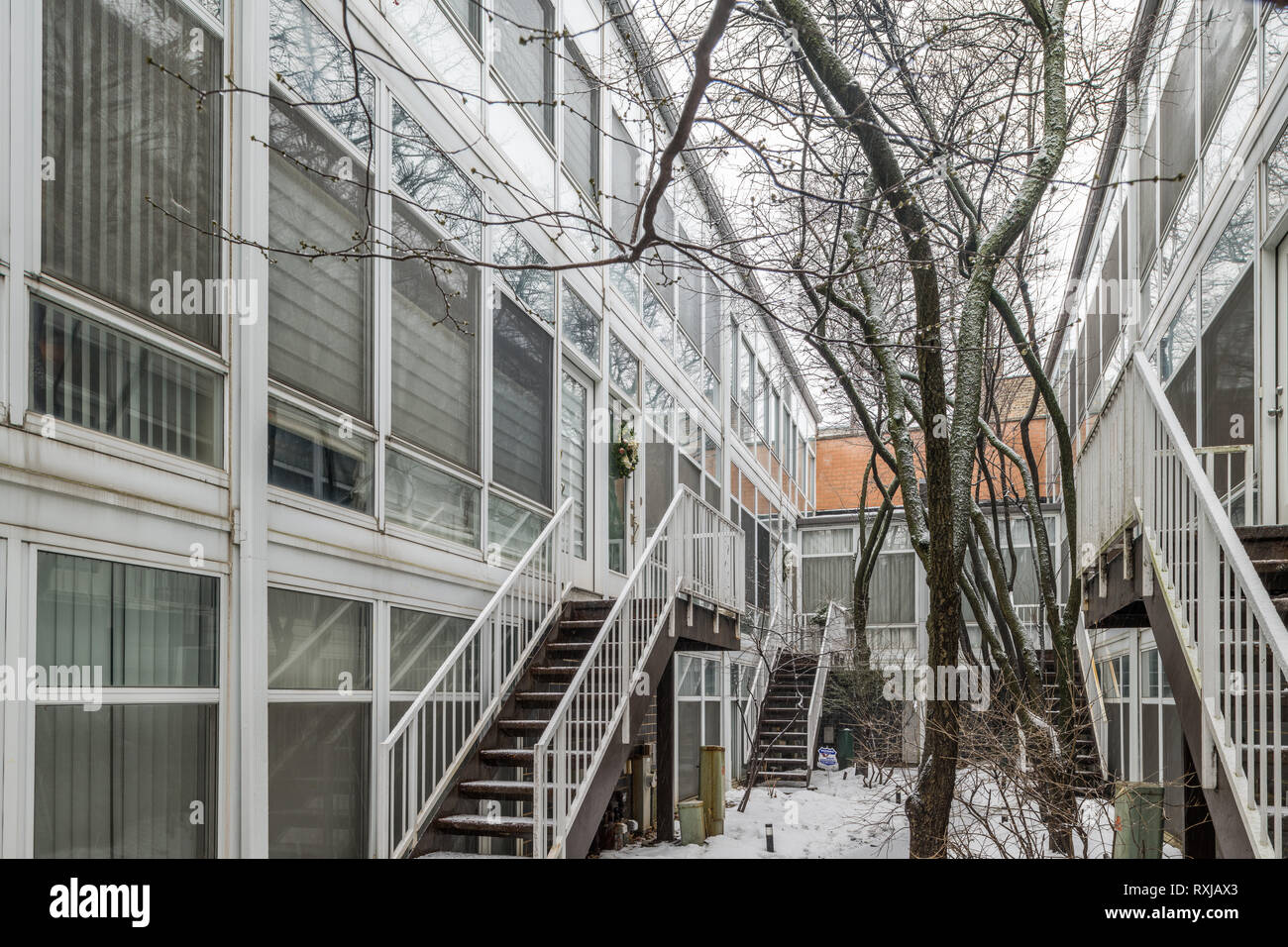 Staircases in courtyard of modernist apartment complex in Lakeview