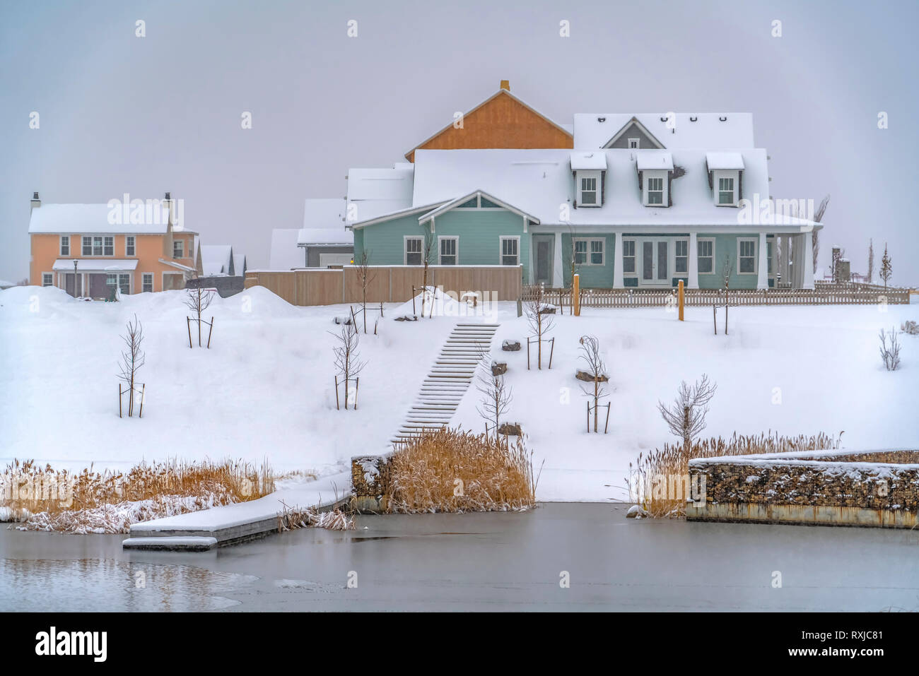 Lakefront homes in Daybreak Utah viewed in winter Stock Photo Alamy