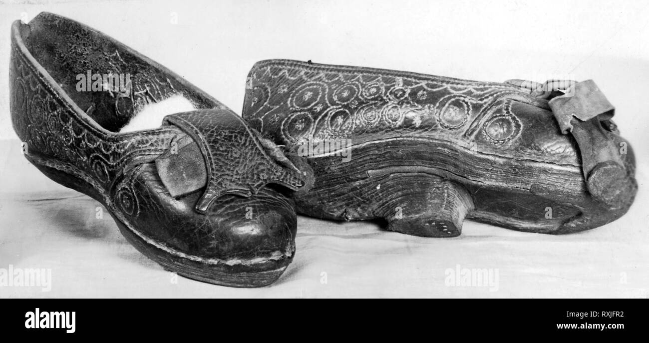 Woman's Shoes. Persia. Date: 1775-1801. Dimensions: . Leather and wood tunnel stitched. Origin: Persia. Museum: The Chicago Art Institute. Stock Photo