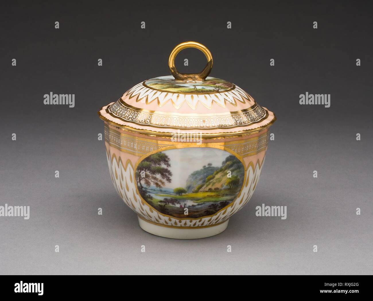 Sugar Bowl. Derby Porcelain Manufactory; England, 1750-1848. Date: 1780-1795. Dimensions: 10.2 × 11.7 cm (4 × 4 5/8 in.). Soft-paste porcelain, polychrome enamels and gilding with brass ring. Origin: Derby. Museum: The Chicago Art Institute. Stock Photo