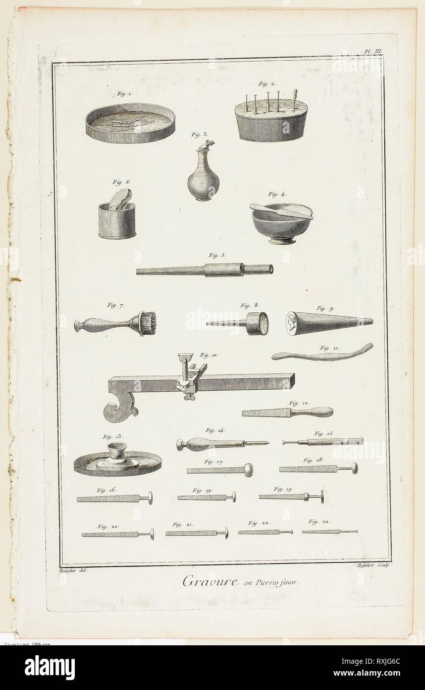 Gem Engraving, from Encyclopédie. A. J. Defehrt (French, active 18th century); after Antoine-Gaspard Boucher d'Argis (French, 1708-1791); published by André le Breton (French, 1708-1779), Michel-Antoine David (French, c. 1707-1769), Laurent Durand (French, 1712-1763), and Antoine-Claude Briasson (French, 1700-1775). Date: 1762-1777. Dimensions: 315 × 207 mm (image); 355 × 228 mm (plate); 390 × 255 mm (sheet). Engraving on cream laid paper. Origin: France. Museum: The Chicago Art Institute. Stock Photo