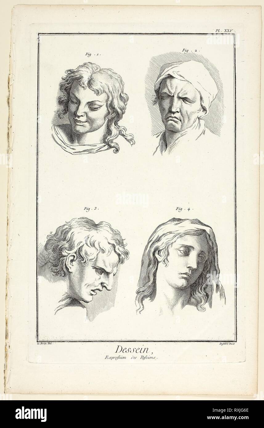 Drawing: Expressions of Emotion (Laughter, Weeping, Compassion, Sadness), from Encyclopédie. A. J. Defehrt (French, active 18th century); after Charles le Brun (French, active 17th century-1765); published by André le Breton (French, 1708-1779), Michel-Antoine David (French, c. 1707-1769), Laurent Durand (French, 1712-1763), and Antoine-Claude Briasson (French, 1700-1775). Date: 1762-1777. Dimensions: 317 × 206 mm (image); 350 × 225 mm (plate); 400 × 260 mm (sheet). Etching with engraving on cream laid paper. Origin: France. Museum: The Chicago Art Institute. Stock Photo