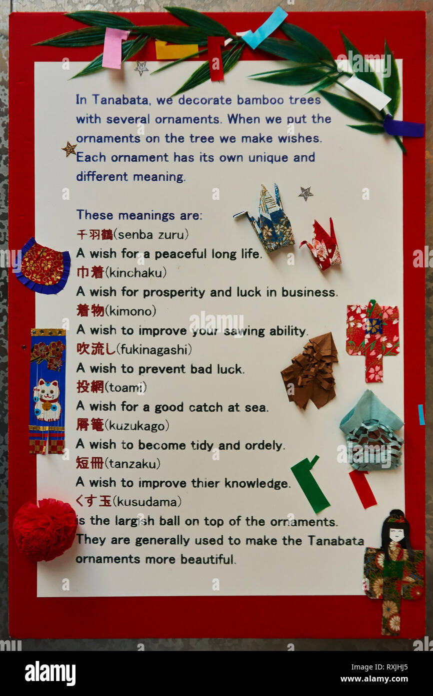 English description of the various decorations used in the Sendai Tanabata festival. Stock Photo
