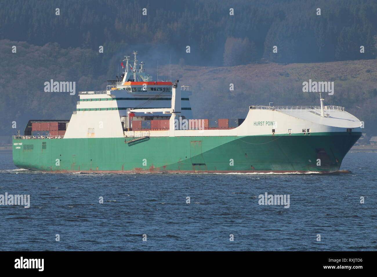 MV Hurst Point, a Point-class sealift ship operated by Foreland Shipping Limited for the Ministry of Defence, inbound to Glenmallan on Loch Long. Stock Photo