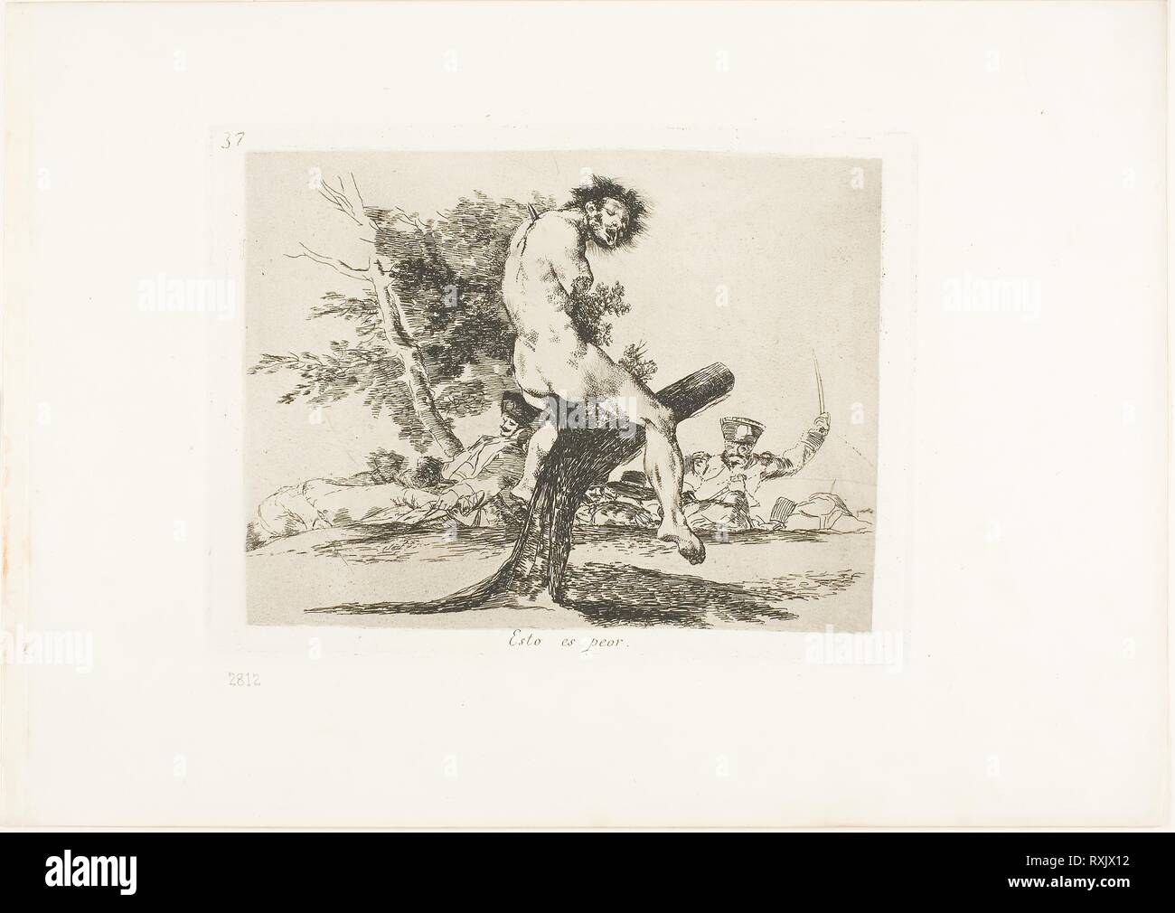 This is Worse, plate 37 from The Disasters of War. Francisco José de Goya y Lucientes; Spanish, 1746-1828. Date: 1812-1815. Dimensions: 139 x 185 mm (image); 153 x 208 mm (plate); 240 x 340 mm (sheet). Etching, lavis and drypoint on ivory wove paper with gilt edges. Origin: Spain. Museum: The Chicago Art Institute. Stock Photo
