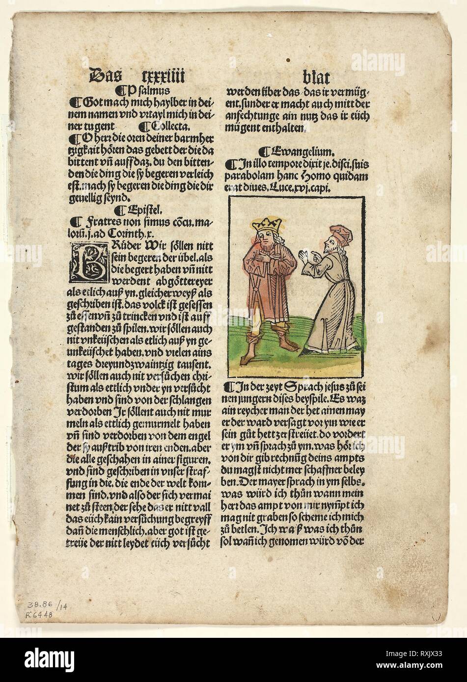 The Parable of the Unjust Steward from Plenarium, Plate 14 from Woodcuts from Books of the 15th Century. Unknown Artist (Augsburg, 15th century); printed and published by Johann Schönsperger the Elder (German, c. 1455-1521); portfolio text by Wilhelm Ludwig Schreiber (German, 1855-1932). Date: 1497. Dimensions: 80 x 60 mm (image); 271 x 195 mm (sheet). Woodcut in black with hand-colored additions, and letterpress in black (recto and verso), on buff laid paper, tipped onto cream wove paper mat. Origin: Germany. Museum: The Chicago Art Institute. Stock Photo