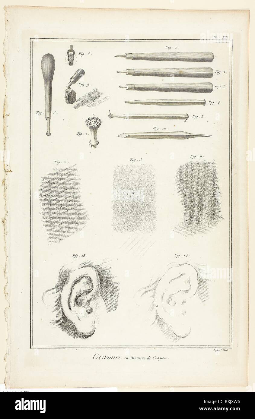 Crayon-Manner Engraving, from Encyclopédie. A. J. Defehrt (French, active 18th century); published by André le Breton (French, 1708-1779), Michel-Antoine David (French, c. 1707-1769), Laurent Durand (French, 1712-1763), and Antoine-Claude Briasson (French, 1700-1775). Date: 1762-1777. Dimensions: 320 × 210 mm (image); 355 × 225 mm (plate); 390 × 255 mm (sheet). Engraving and crayon-manner engraving on cream laid paper. Origin: France. Museum: The Chicago Art Institute. Stock Photo