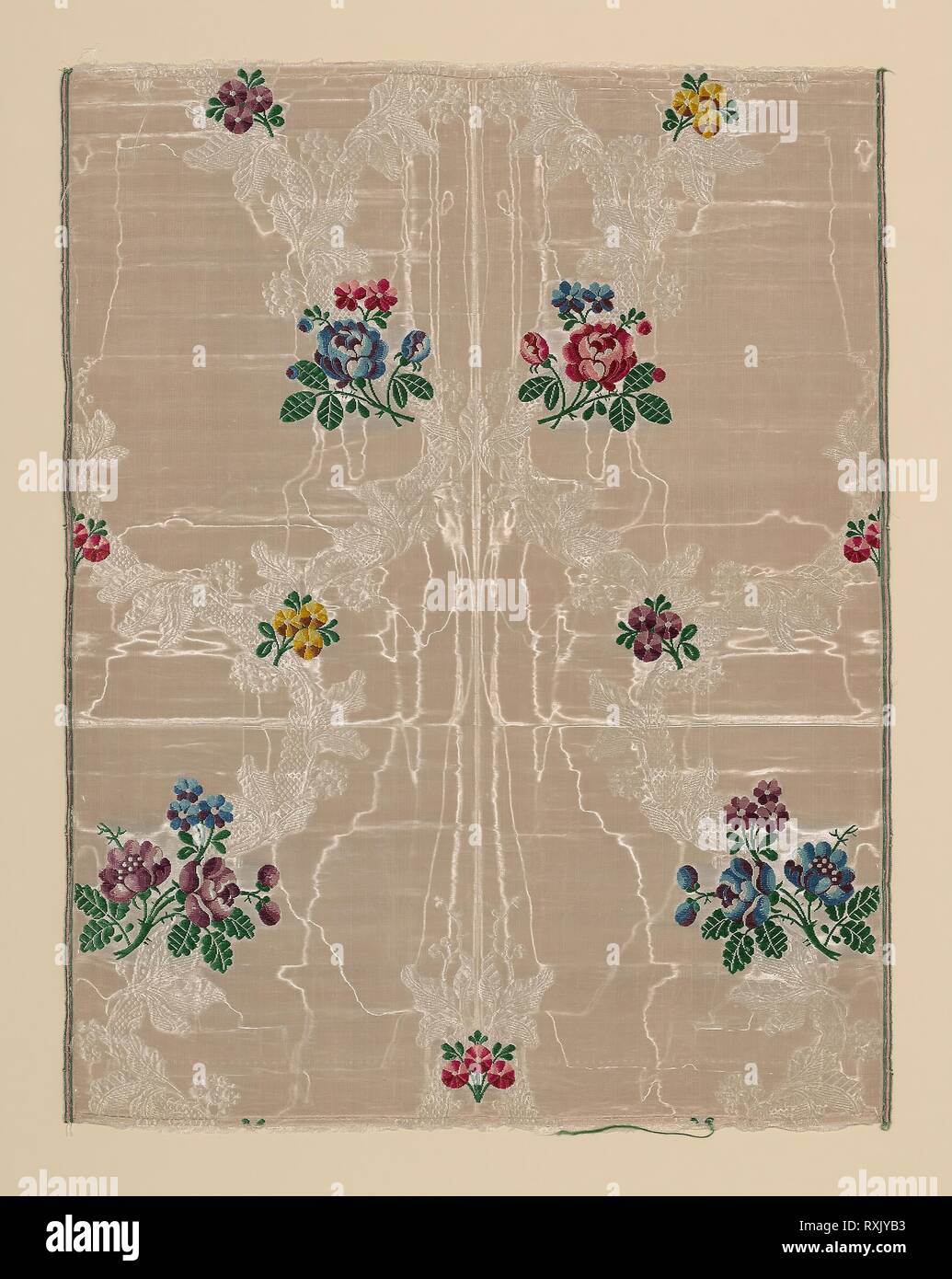 Panel. England, Spitalfields. Date: 1752-1755. Dimensions: 63.3 x 49.1 cm (25 x 19 1/4 in.). Silk, plain weave with supplementary brocading wefts and self-patterned by ground weft floats; watered (moiré). Origin: Spitalfields. Museum: The Chicago Art Institute. Stock Photo