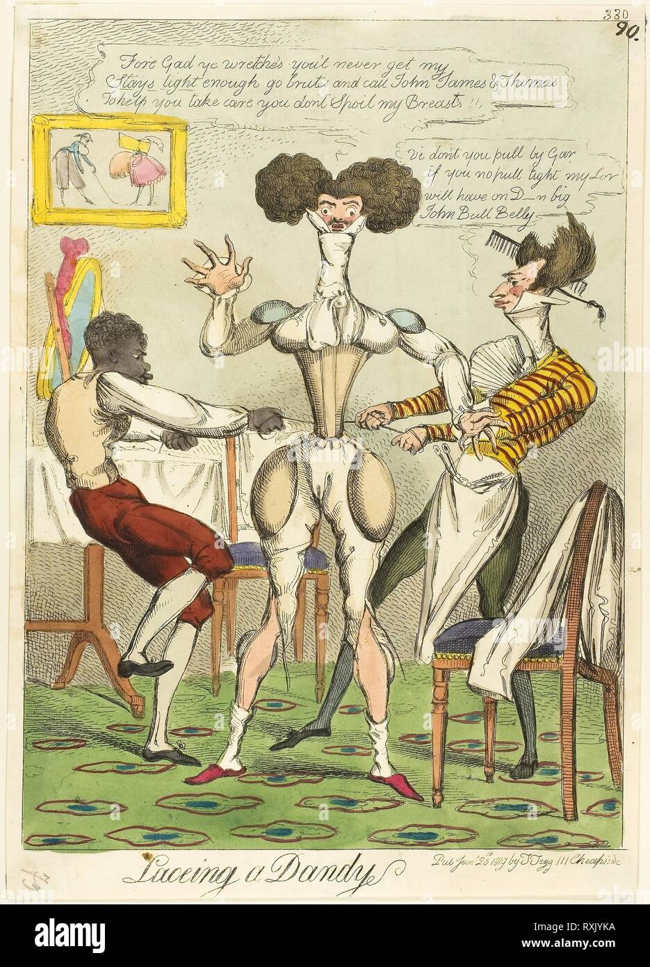 Lacing a Dandy. Unknown Artist (English); published by Thomas Tegg (English, 1776-1845). Date: 1819. Dimensions: 300 × 216 mm (image); 322 × 228 mm (sheet); plate mark not visible. Handcolored etching on cream wove paper. Origin: England. Museum: The Chicago Art Institute. Stock Photo