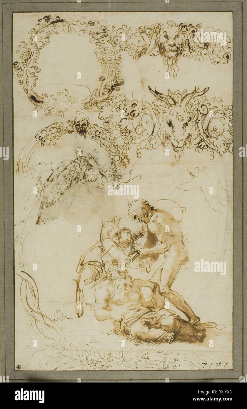 Drunken Silenus and Decorative Sketches: Studies for the Tazza Farnese (recto); Two Putti Fighting: Study for the Galleria Farnese (verso). Annibale Carracci; Italian, 1560-1609. Date: 1599-1601. Dimensions: 204 x 177 mm (primary support); 284 x 177 mm (with overlays). Pen and iron gall ink, with brush and brown wash on cream laid paper edge mounted to cream laid paper (recto), and pen and iron gall ink on cream laid paper with decorative border in pen and brown ink (verso). Origin: Italy. Museum: The Chicago Art Institute. Stock Photo