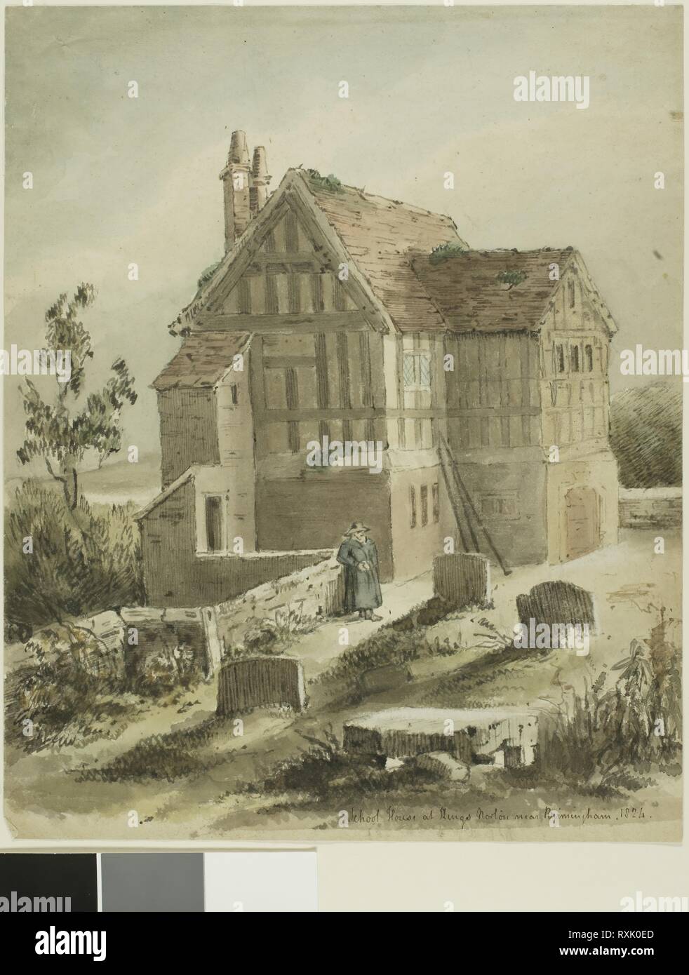 School House at Kings Norton Near Birmingham. Attributed to Samuel Austin; English, 1796-1834. Date: 1824. Dimensions: 324 × 264 mm. Pen and brown ink and brush and watercolor, with scraping and additions of graphite, on ivory wove paper. Origin: England. Museum: The Chicago Art Institute. Stock Photo