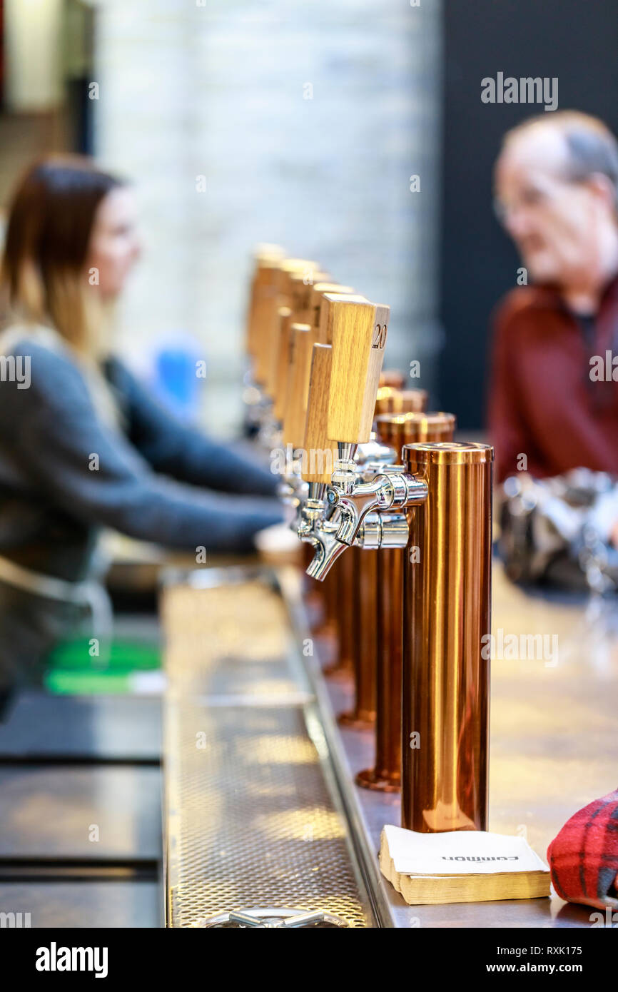 Craft beer on tap, The Forks Market, Winnipeg, Manitoba, Canada Stock Photo