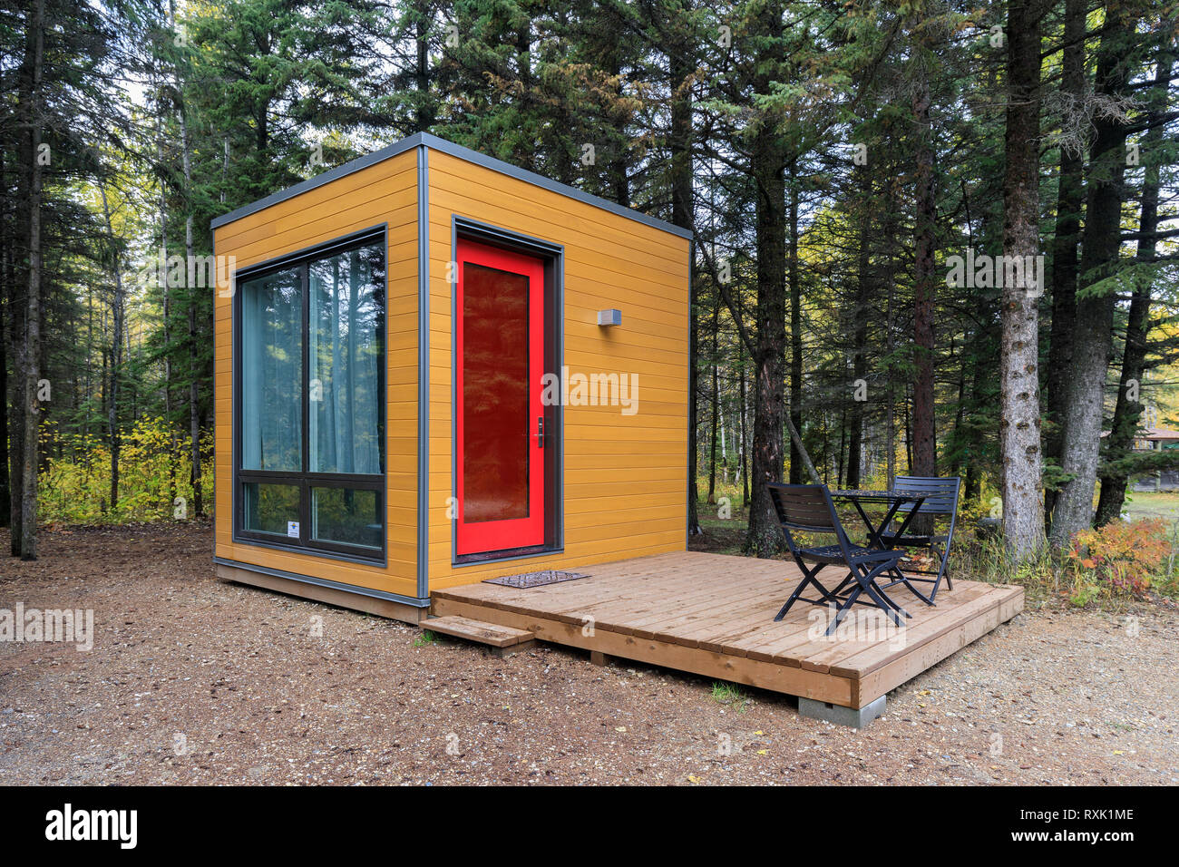 A Micro-cube, tiny house, Riding Mountain National Park, Manitoba, Canada Stock Photo