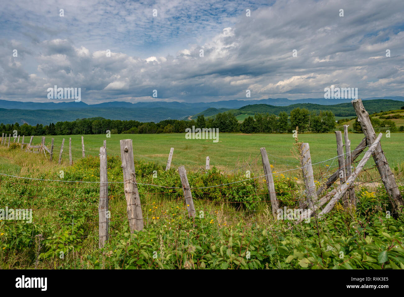 Fields in the hilly landscape of Charlevoix with wooden fencing in the foreground, province of Quebec, Canada Stock Photo