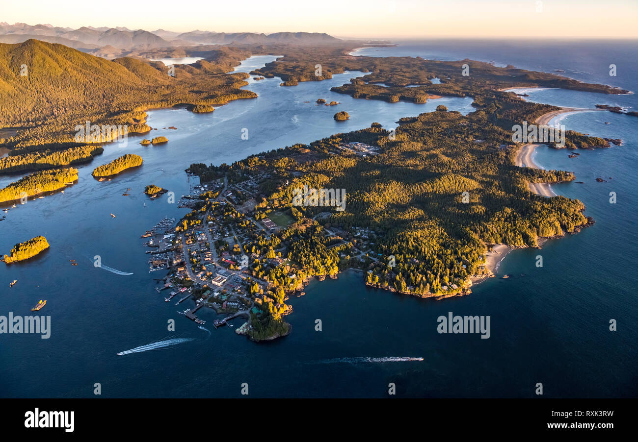 Aerial image of Tofino, Meares Island and Clayoquot Sound, Vancouver Island, BC Canada Stock Photo