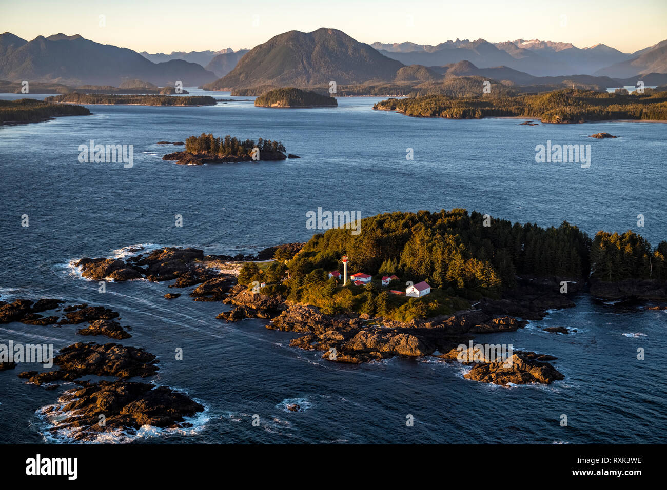 Aerial image of Lennard Island Lighthouse, Tofino and Clayoquot Sound, Vancouver Island, BC Canada Stock Photo
