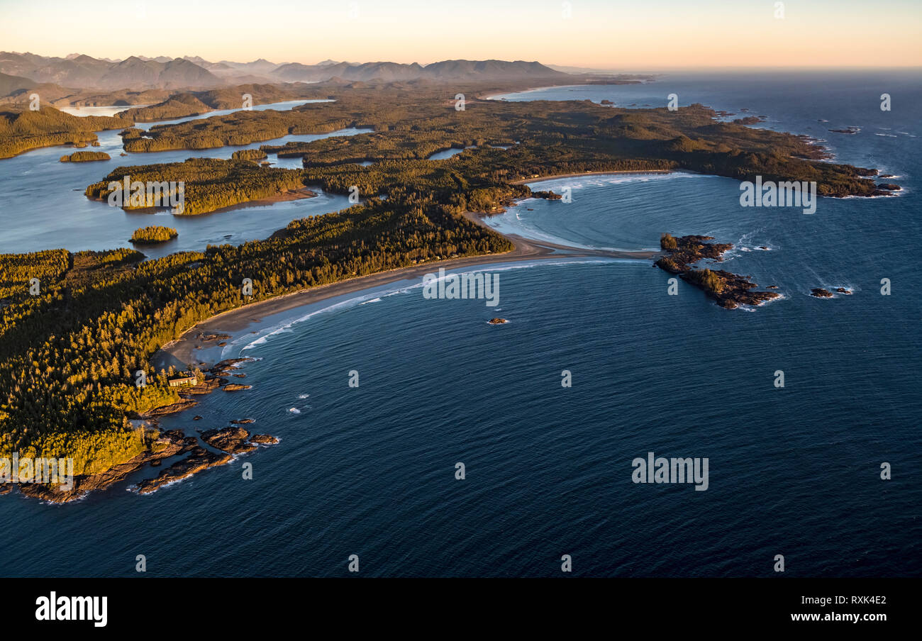 Aerial image of Chesterman Beach & Wickaninnish Inn, Tofino, Vancouver Island, BC Canada Stock Photo