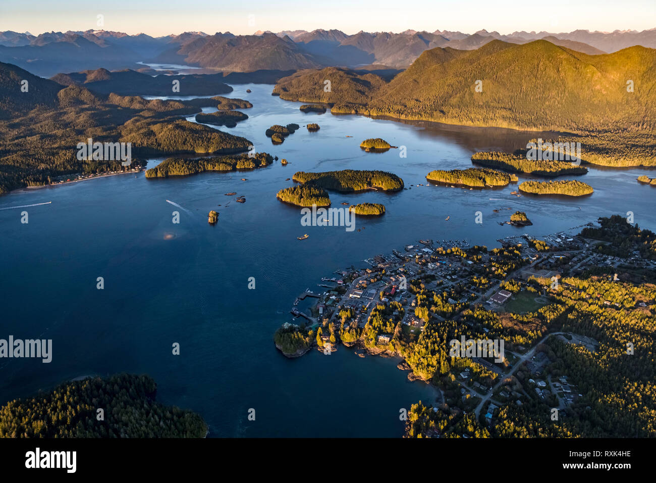 Aerial image of Tofino, Meares Island and Clayoquot Sound, Vancouver Island, BC Canada Stock Photo
