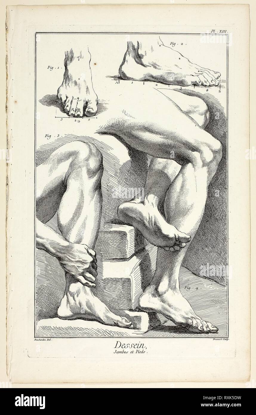 Design: Legs and Feet, from Encyclopédie. Benoît-Louis Prévost (French, c. 1735-1809); after Bouchardon (probably Edme), (French, active 18th century); published by André le Breton (French, 1708-1779), Michel-Antoine David (French, c. 1707-1769), Laurent Durand (French, 1712-1763), and Antoine-Claude Briasson (French, 1700-1775). Date: 1762-1777. Dimensions: 323 × 205 mm (image); 350 × 220 mm (plate); 400 × 257 mm (sheet). Etching, with engraving, on cream laid paper. Origin: France. Museum: The Chicago Art Institute. Stock Photo