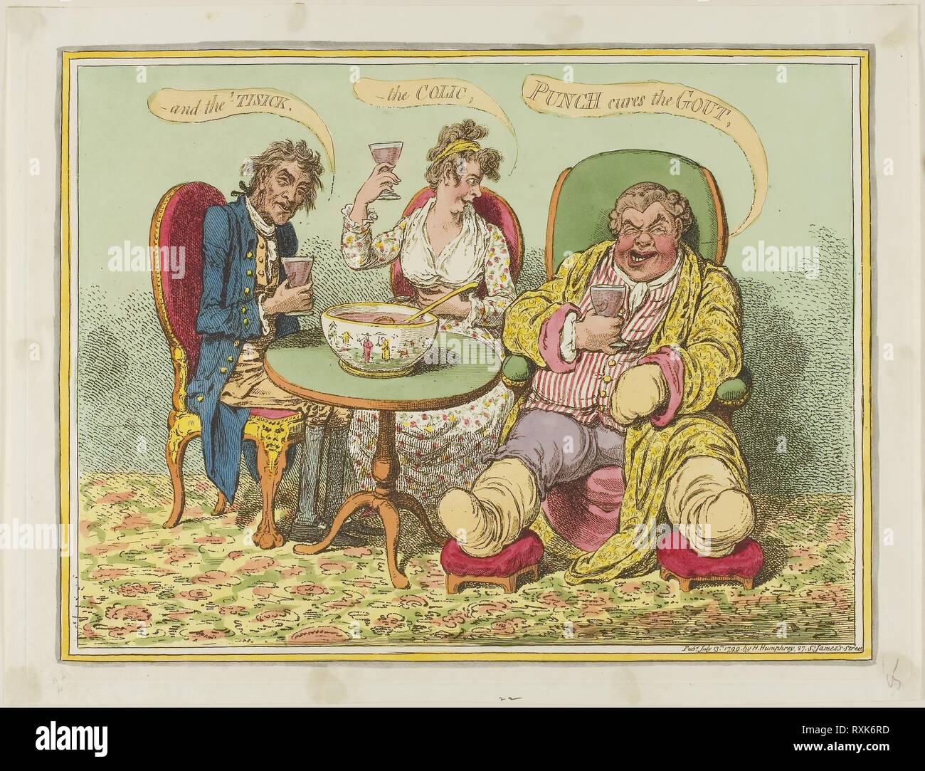 Punch Cures the Gout, the Colic, and the 'Tisick. James Gillray (English, 1756-1815); published by Hannah Humphrey (English, c. 1745-1818). Date: 1799. Dimensions: 258 × 340 mm (image); 262 × 364 mm (plate); 288 × 377 mm (sheet). Hand-colored etching with engraving on ivory wove paper. Origin: England. Museum: The Chicago Art Institute. Stock Photo