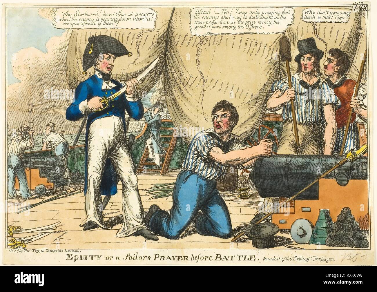 Equity, or a Sailor's Prayer before Battle. Charles WIlliams (English, active 1797-1830); published by Thomas Tegg (English, 1776-1845). Date: 1805. Dimensions: 255 × 355 mm. Hand-colored etching on ivory wove paper. Origin: England. Museum: The Chicago Art Institute. Stock Photo