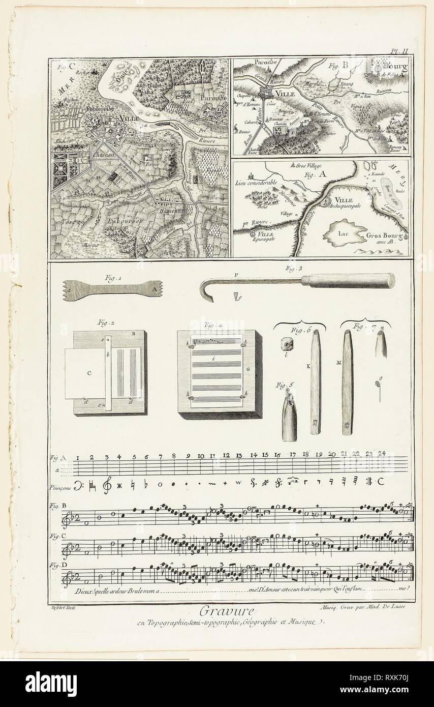 Topographic, Geographic and Music Engraving, from Encyclopédie. A. J. Defehrt (French, active 18th century); music engraved by Madame de Lusse (French, active 1760-1770); published by André le Breton (French, 1708-1779), Michel-Antoine David (French, c. 1707-1769), Laurent Durand (French, 1712-1763), and Antoine-Claude Briasson (French, 1700-1775). Date: 1762-1777. Dimensions: 335 × 220 mm (image); 360 × 230 mm (plate); 390 × 255 mm (sheet). Etching, with engraving, on cream laid paper. Origin: France. Museum: The Chicago Art Institute. Stock Photo