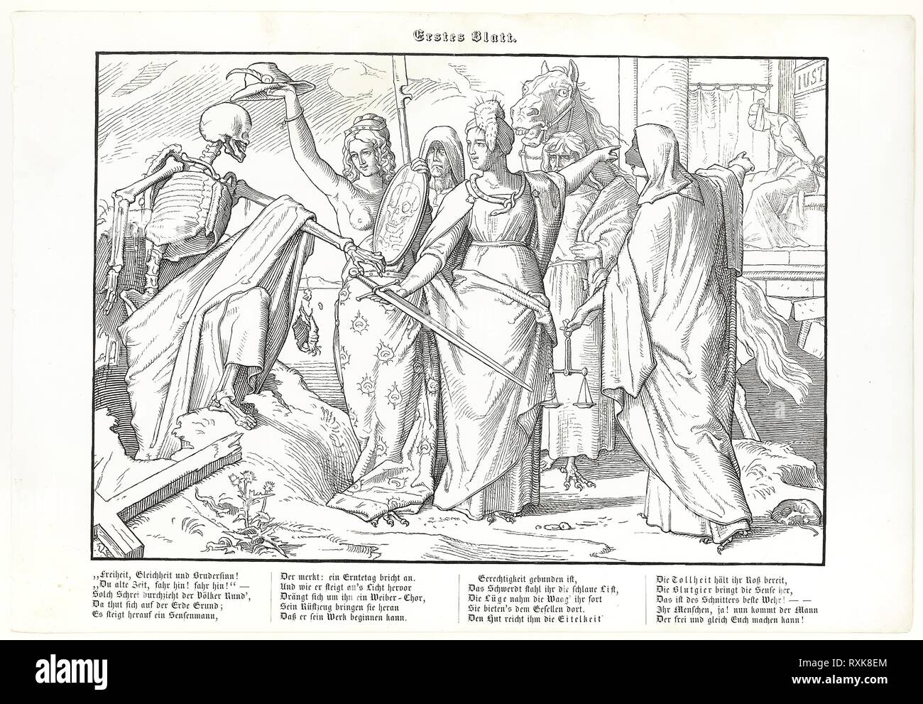 Auch ein Todtentanz, plate I. Alfred Rethel; German, 1816-1859. Date: 1848. Dimensions: 293 x 411 mm. Wood engraving in black on ivory wove paper. Origin: Germany. Museum: The Chicago Art Institute. Stock Photo