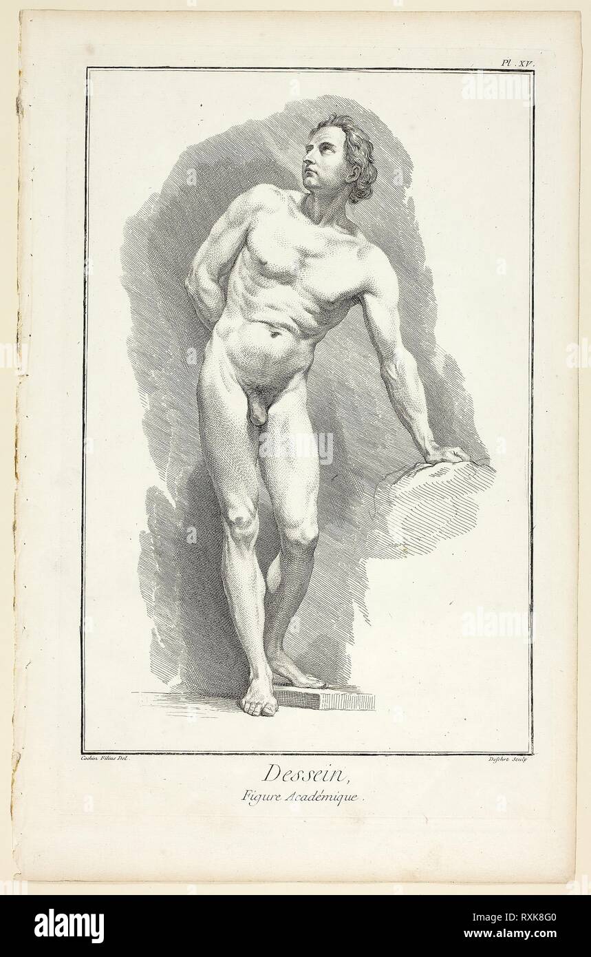 Design: Academic Figure, from Encyclopédie. A. J. Defehrt (French, active 18th century); after Charles-Nicholas Cochin, the younger (French, 1715-1790); published by André le Breton (French, 1708-1779), Michel-Antoine David (French, c. 1707-1769), Laurent Durand (French, 1712-1763), and Antoine-Claude Briasson (French, 1700-1775). Date: 1762-1777. Dimensions: 400 × 260 mm. Etching, with engraving, on cream laid paper. Origin: France. Museum: The Chicago Art Institute. Stock Photo