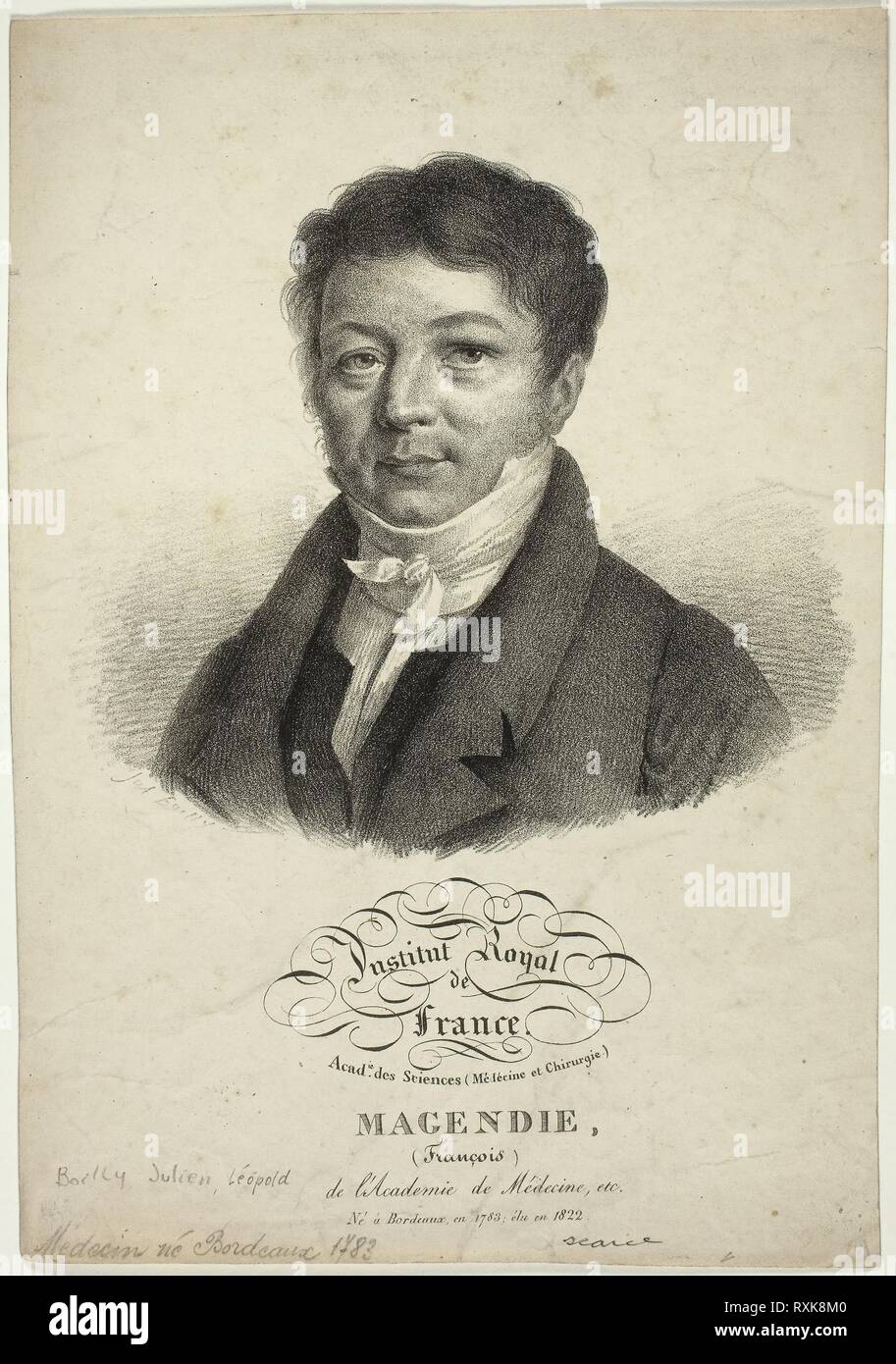 Portrait of François Magendie. Jules Boilly; French, 1786-1874. Date: 1817-1827. Dimensions: 156 × 174 mm (image); 278 × 194 mm (sheet). Lithograph in black on ivory wove paper. Origin: France. Museum: The Chicago Art Institute. Stock Photo