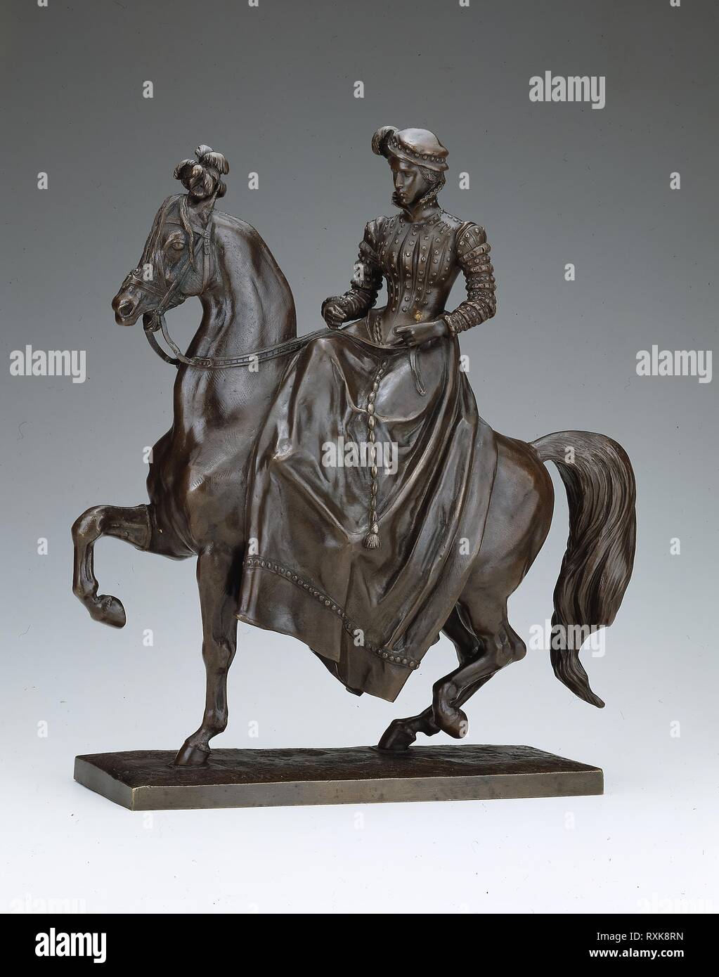 Equestrienne in Renaissance Dress. Antoine Louis Barye; French, 1795-1875. Date: 1835-1845. Dimensions: 39.4 × 36.5 × 13 cm (15 1/2 × 14 3/8 × 5 1/8 in.). Bronze. Origin: France. Museum: The Chicago Art Institute. Stock Photo