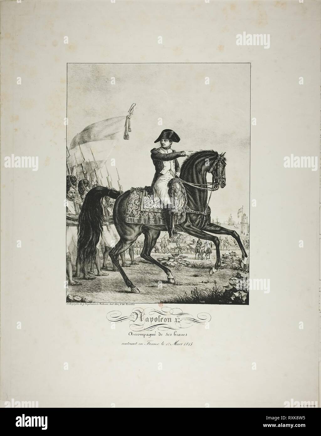 Napoleon Accompanied by his Good Men, Returning to France on March 1, 1815. Baron François Pascal Simon Gérard (French, 1770-1837); printed by Gottfried Engelmann (French, 1788-1839). Date: 1815. Dimensions: 321 × 245 mm (image); 548 × 427 mm (sheet). Lithograph in black, with a second tint stone in gray, on ivory wove paper. Origin: France. Museum: The Chicago Art Institute. Author: Baron Francois Pascal Simon Gerard. Stock Photo