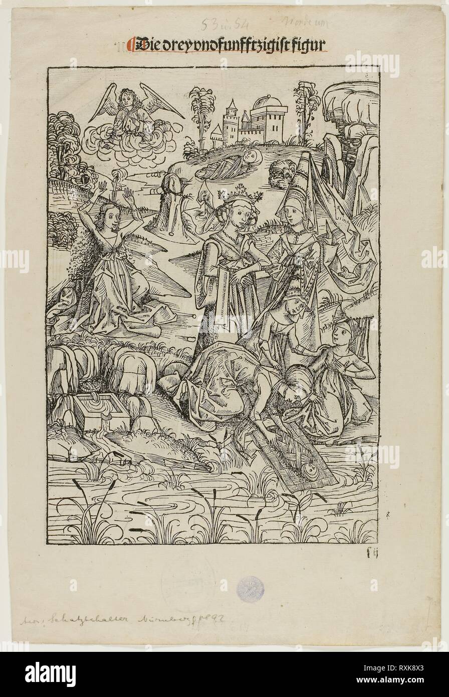 Moses Found by Pharaoh's Daughter (recto) and Judas's Betrayal (verso), pages 53 and 54, from the Treasury (Schatzbehalter). Michael Wolgemut and Workshop (German, 1434/37-1519); published by Anton Koberger (German, 1440-1513). Date: 1491-1492. Dimensions: 250 x 175 mm (image/block, recto); 250 x 177 (image/block, verso); 335 x 230 mm (sheet). Woodcut on cream laid paper. Origin: Germany. Museum: The Chicago Art Institute. Stock Photo