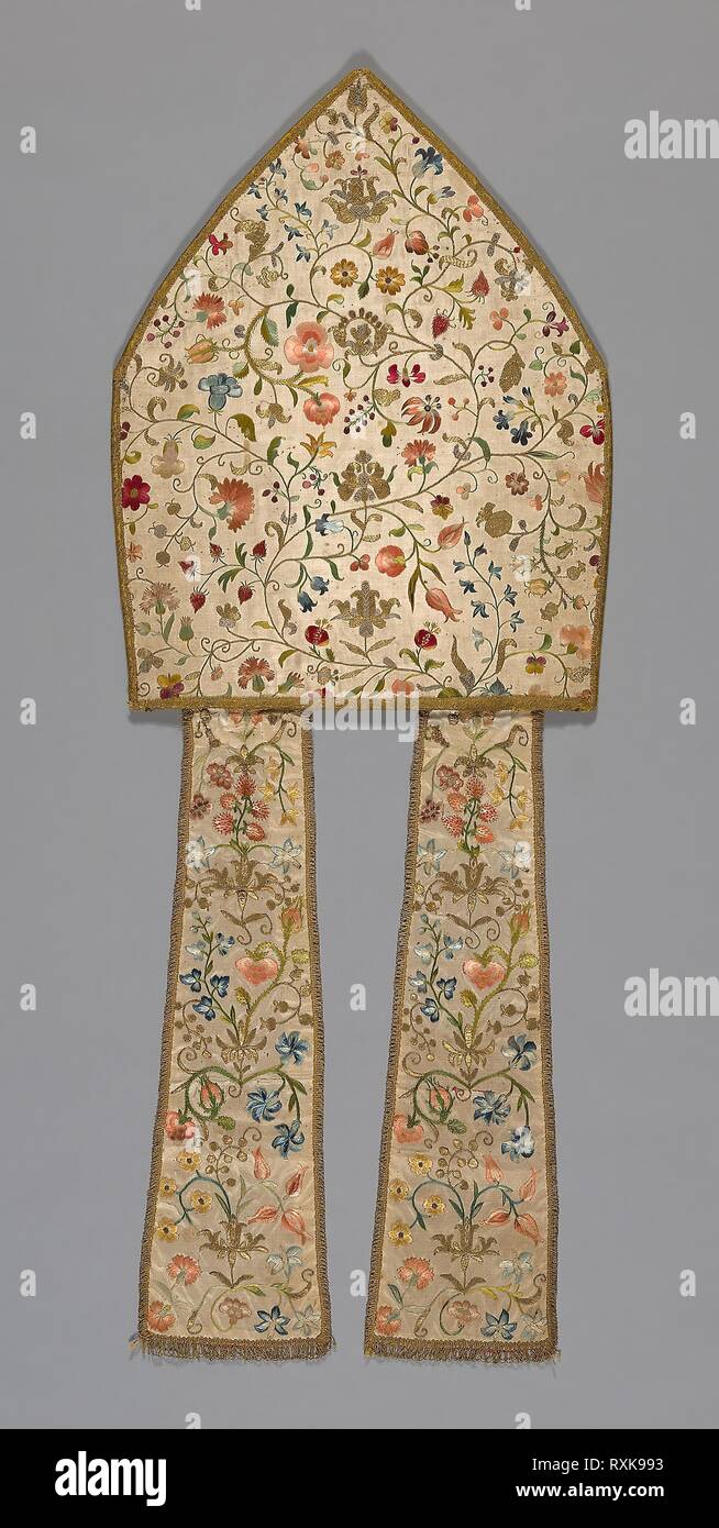 Mitre. Probably Italy. Date: 1751-1800. Dimensions: 84.7 x 32.7 cm (33 3/8  x 12 7/8 in.). Mitre: silk, plain weave; embroidered with silk floss and  gilt-metal-strip-wrapped silk in bullion, running, satin, split,