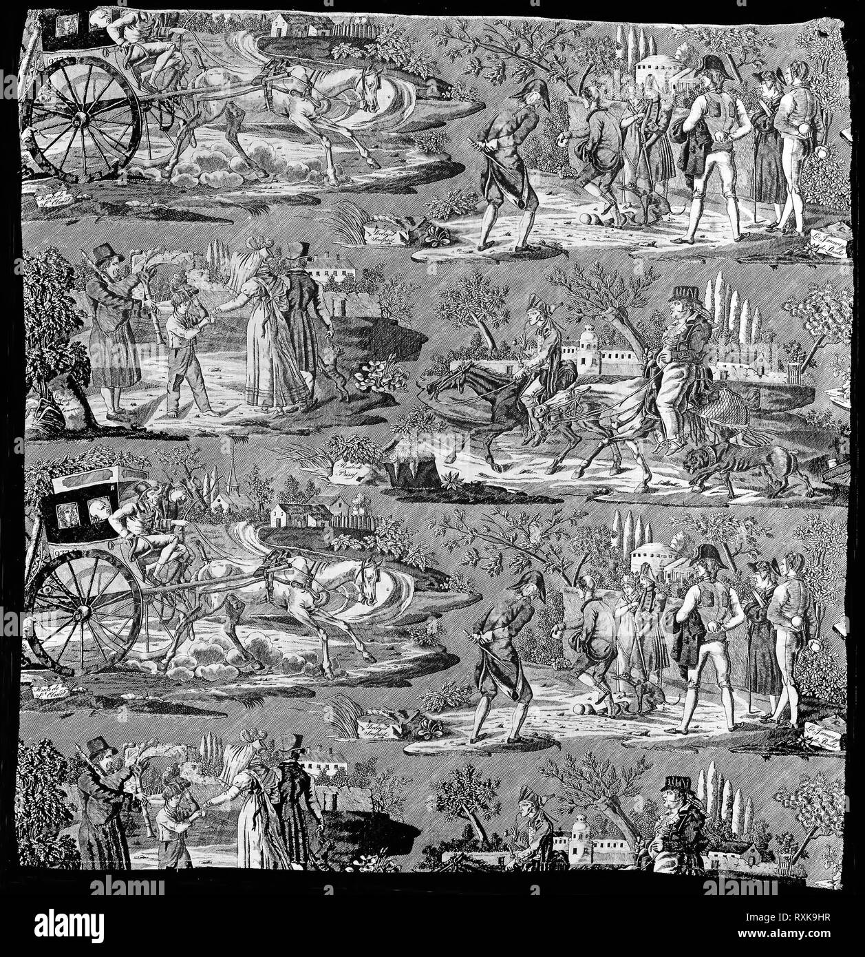 La Route de St. Cloud ou de Poissy (Furnishing Fabric). Designed by Carle Vernet (French, 1758-1836) and Delmès (French, founded 1815) engraved by Philibert Louis Debucourt (French, 1755-1831) after Carle Vernet (French 1758-1836); Manufactured by Favre Petitpierre et Cie. (French, 1802-1818); France, Nantes. Date: 1822-1830. Dimensions: 85.1 x 80.5 cm (33 1/2 x 31 5/8 in.)  Warp repeat: 46.9 cm (18 1/2 in.). Cotton, plain weave; engraved roller printed. Origin: Nantes. Museum: The Chicago Art Institute. Stock Photo