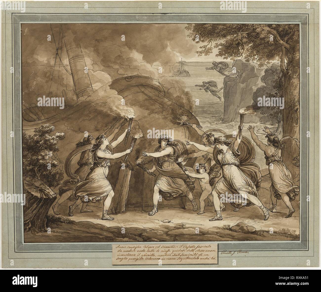 Cupid Advises Calypso to Set Fire to Mentor's Ship, from The Adventures of Telemachus, Book 7. Bartolomeo Pinelli; Italian, 1781-1835. Date: 1808. Dimensions: 456 x 580 mm (sight); 558 x 665 mm (overall). Pen and black ink, with brush and brown and gray wash, over traces of black chalk on ivory laid paper, laid down on board. Origin: Italy. Museum: The Chicago Art Institute. Stock Photo