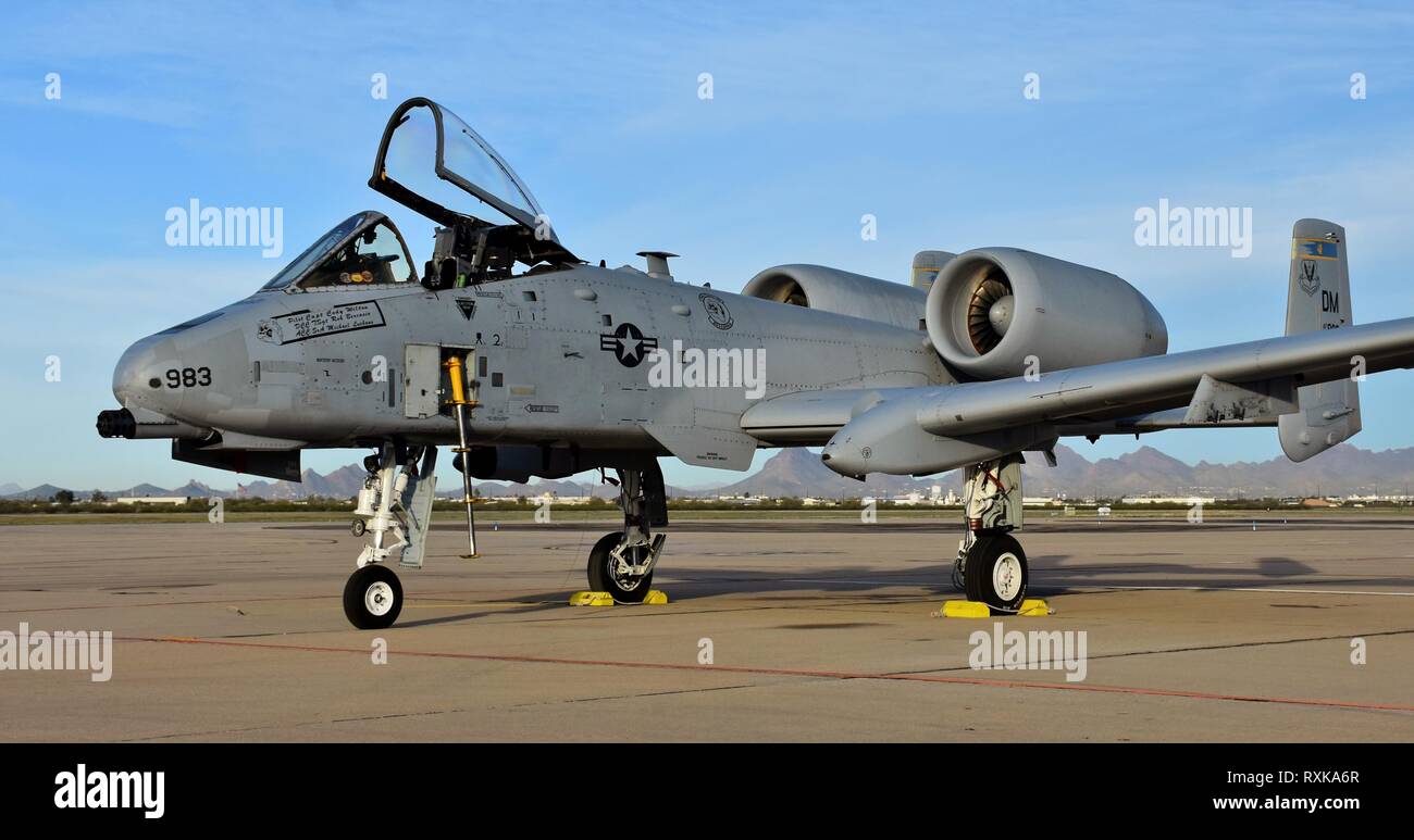 An Air Force A-10 Warthog/Thunderbolt II attack jet with an open canopy at Davis Monthan Air Force Base. Stock Photo