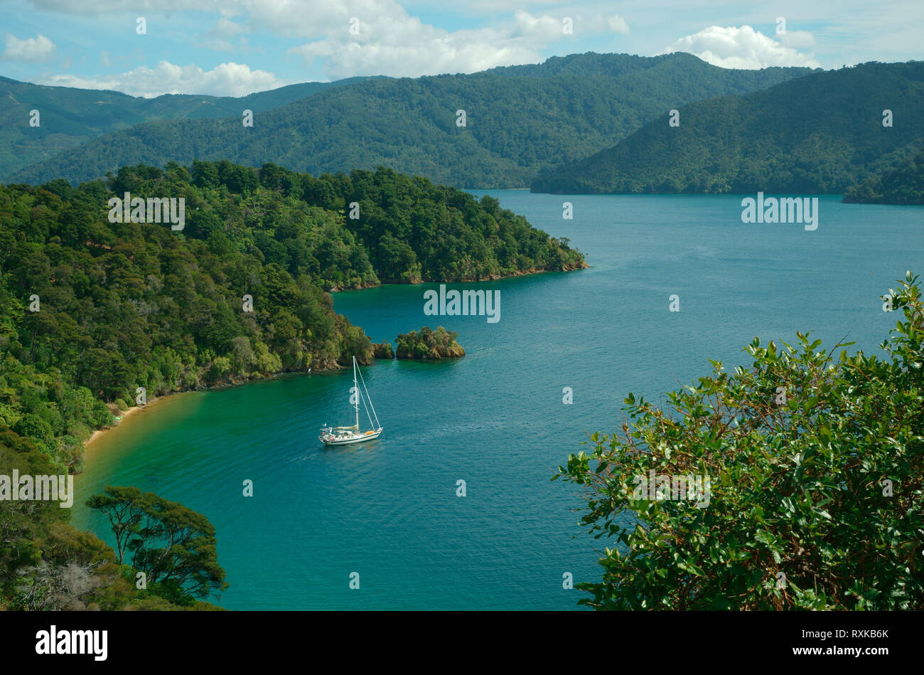 Tasman Bay, Cove with Yacht, North shore of South Island of New Zealand. Viewed from Appleby Highway Stock Photo
