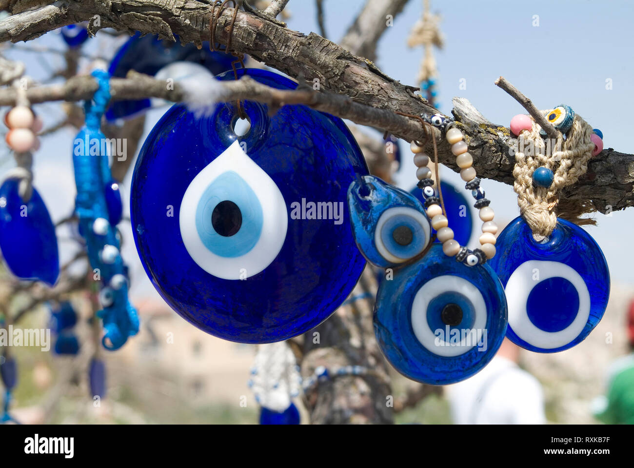 Nazar Boncugu or evil eye beads, widely used throughout Turkey to ward off the evil eye. For millennia Anatolian artisans have created blue glass 'eye Stock Photo