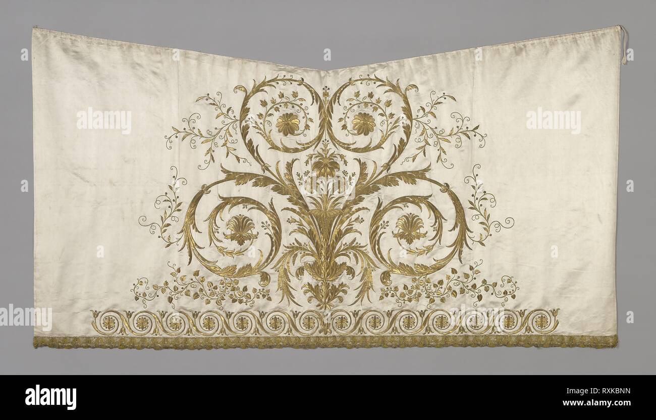Panel (From a Skirt). France. Date: 1801-1850. Dimensions: 117.4 × 214.4 cm (46 1/4 × 84 1/2 in.). Silk, satin weave; embroidered with gold metal wrapped over a silk fibre core, gold frisé, silk, gold metal formed ornaments, 'purl,' spangles, gold metal strips; couching over paper core and silk padding, in pattern and backstitch; trimmed with bobbin lace made of gold metal strip wound around a silk fibre core. Origin: France. Museum: The Chicago Art Institute. Stock Photo