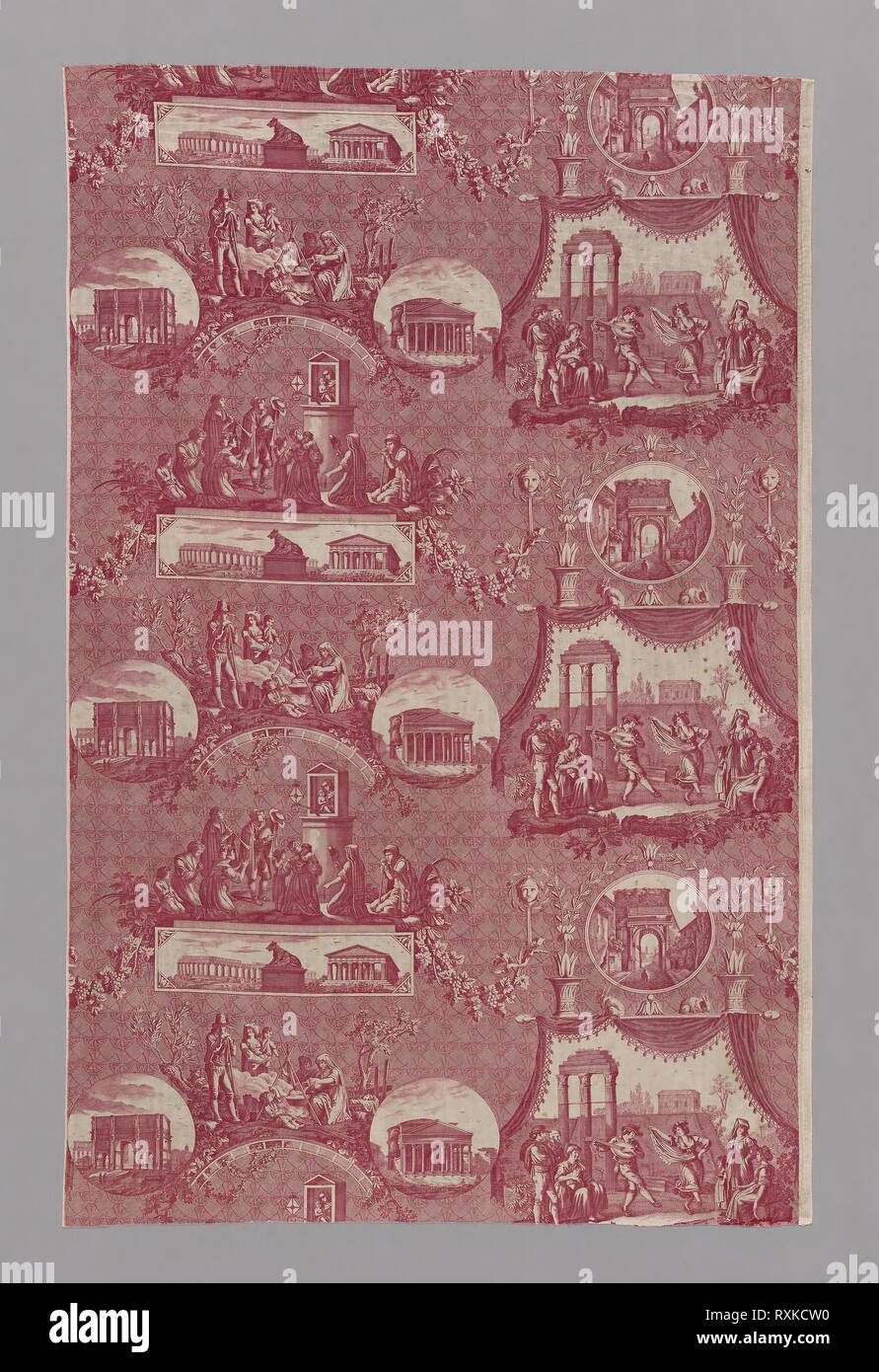 Le Romain (The Roman) (Furnishing Fabric). Designed by Jean Baptiste Huet (French, 1745-1811) after etchings by Bartolomeo Pinelli (Italian, 1781-1835) engraved by Jules Mallet (French, 1759-1835); Manufactured by Oberkampf et Widmer (French, 1738-1815); France, Jouy-en-Josas. Date: 1821. Dimensions: 149.8 × 96.9 cm (59 × 38 1/8 in.)  Repeat: 52.4 × 92.7 cm (20 5/8 × 36 1/2 in.). Cotton, plain weave; engraved roller printed. Origin: France. Museum: The Chicago Art Institute. Stock Photo