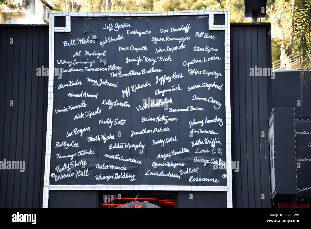 Names of famous comedians at the Comedy Store line the wall of the