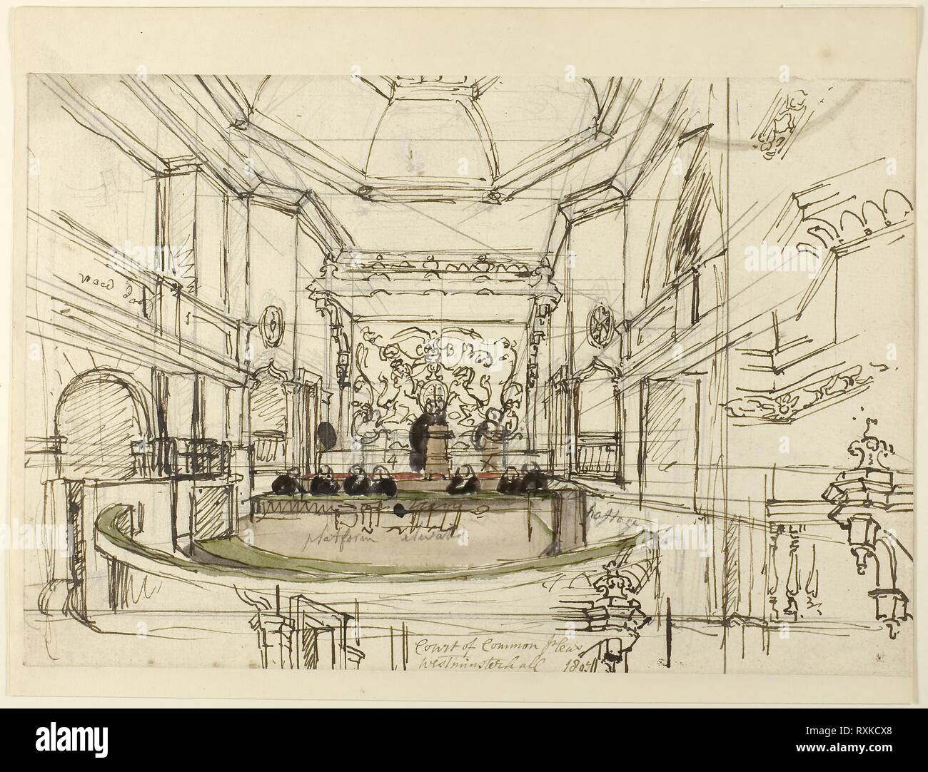 Study for Court of Common Pleas, Westminster Hall, from Microcosm of London. Augustus Charles Pugin (English, born France, 1762-1832); Thomas Rowlandson (English, 1756-1827). Date: 1807. Dimensions: 210 × 314 mm. Pen and brown ink with brush and brown wash and watercolor, over graphite, on ivory wove paper. Origin: England. Museum: The Chicago Art Institute. Stock Photo